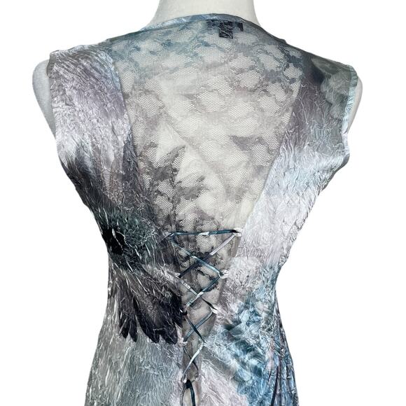 Komarov Satin Crinkle Stretch Floral Lace Maxi Dress Sz MP Whimsy Fairy Coquette - Picture 7 of 13